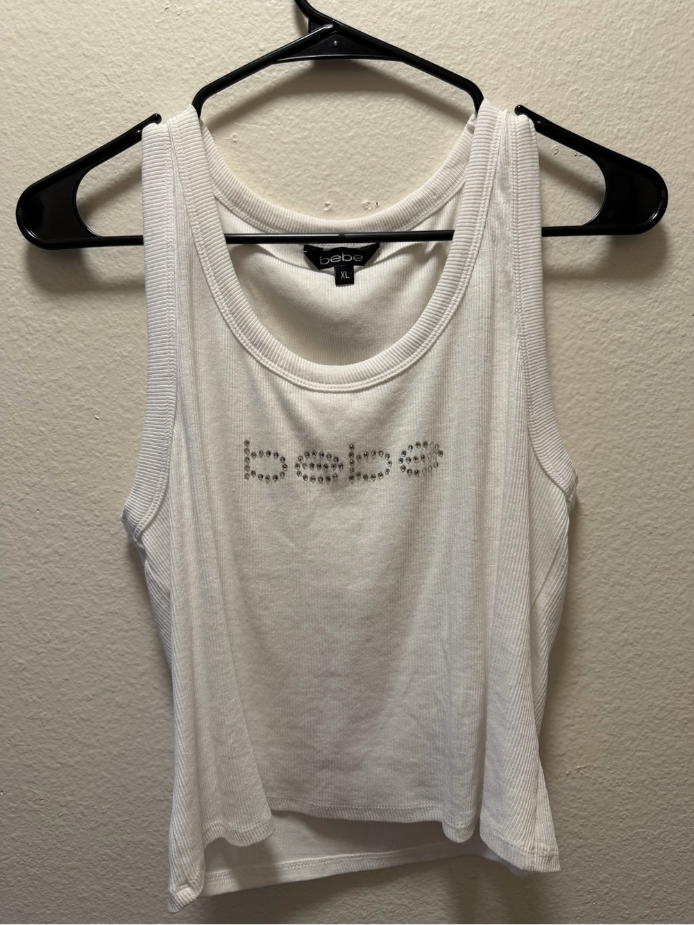 bebe White Rhinestone Logo Ribbed Tank